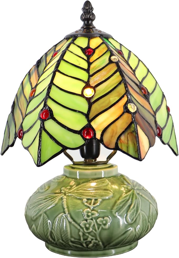 Small Tiffany Lamp Mushroom Table Lamp, Mini Stained Glass Desk Light Memory Sympathy Ceramic lamp 8X11 Inch (Brown Green Leaf)