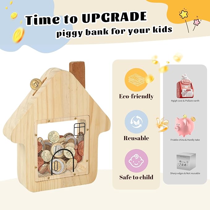 Wooden Money Bank, House-Shaped Piggy Bank with Clear Window, Decorative Coin Storage Box for Kids (Owl Piggy Bank)