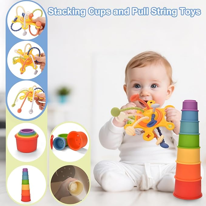 Montessori Toys for Baby 6 Month Old,Baby Toys 6-9-12 Months,6 in 1 Montessori Sensory Toys for 1 Year Old,Stacking Blocks,Tissue Box Toys for Toddlers Birthday Halloween