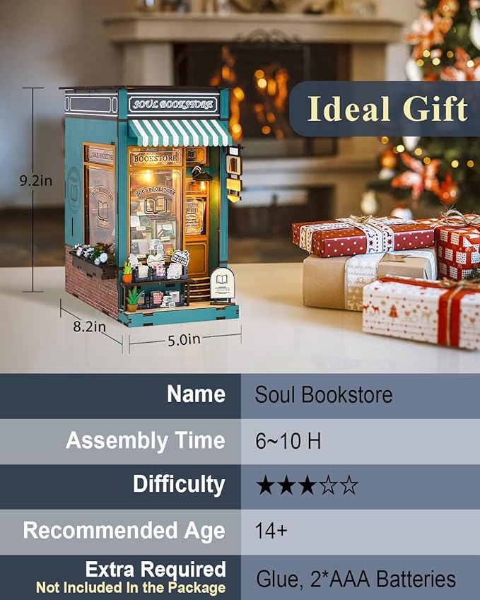 Book Nook Kit Soul Bookstore, DIY Wooden Booknooks Kit for Adults Women Teens, Bookshelf Diorama Miniature Scenes Insert Decor with LED Light, Miniature House Kit Bookstore Model Gifts