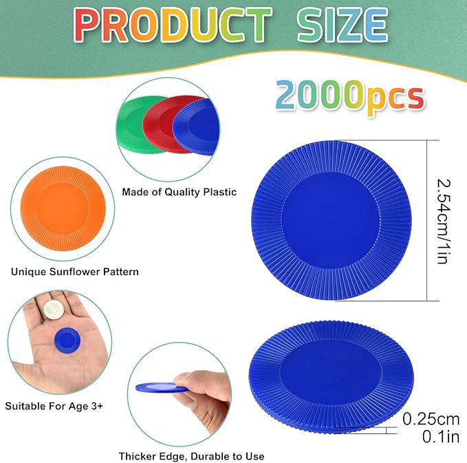 Coopay 2000 Pieces 10 Colors Plastic Poker Chips, 1 Inch Bingo Chips Bulk Learning Counters Disks Poker Card Game, Counting Markers for Math Practice, Game Tokens and Teaching Rewards, 25 mm