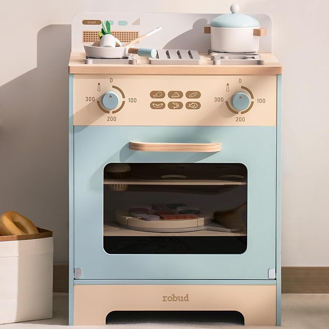 ROBUD Wooden Kids Oven, Realistic Wooden Play Kitchen Set, Pretend Play Kitchen Accessories Toy Kitchen Set for Kids with Cupcakes, Pizza, Tray – Best Gift for Boys & Girls