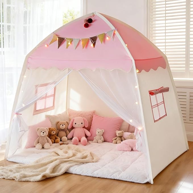 Kids Play Tent Indoor Teepee: Princess Castle Reading Nook with Mat Lights Carry Bag Mesh Windows Quick Setup for Bedroom Playroom Girls Ages 3-12 - 59x39x59 in