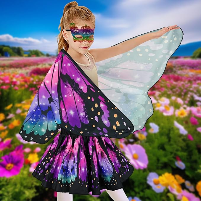 Butterfly Costume for Girls Fairy Wings Kids 4 Pcs(Cape,Skirts,Masks,Hair Clips) Butterfly Wings for Halloween Gifts
