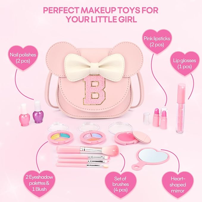 Kids Makeup Kit for Girls - 15 Pcs Real Washable Make Up Set - Non Toxic Toddlers Cosmetic with Letter Mouse Ear Purse - Dress up Birthday Gifts for 3 4 5 6 7 8 Years Old Girls - B