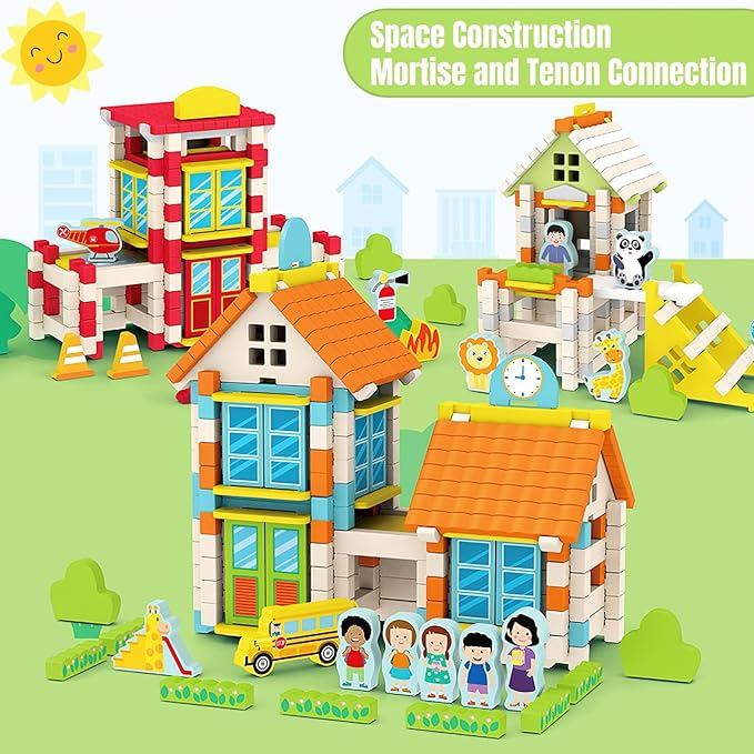 127PCS Wooden Building Blocks Set for Toddlers, Construction City Stacking Toys, Preschool Learning Educational Toys for Kids 3+ Years Girls and Boys (Farm)