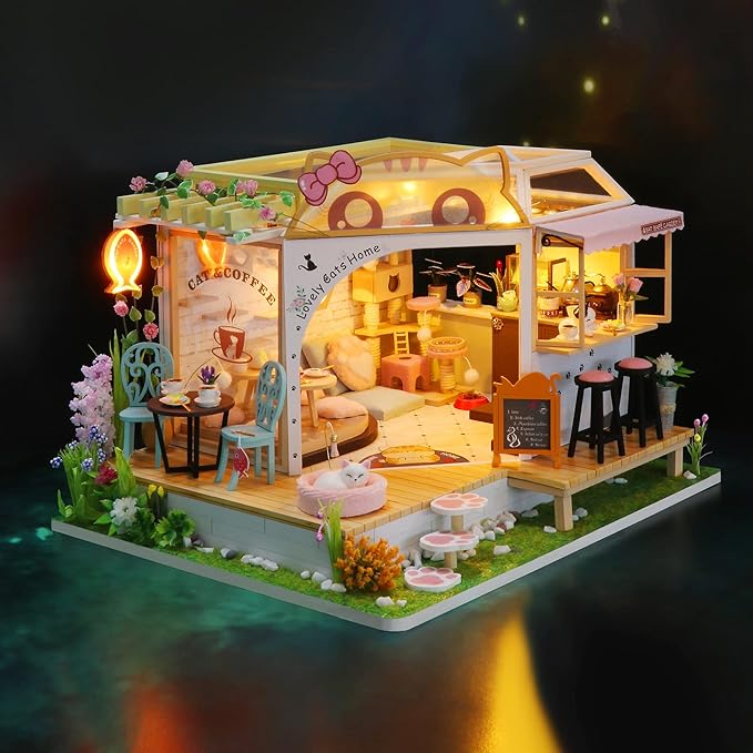 CUTEROOM DIY Miniature House Kit- Lovely Cats House, Tiny Dollhouse Wooden Furniture Kit, Mini DIY Craft Kits Creative Room for Christmas Decoration Family Friends