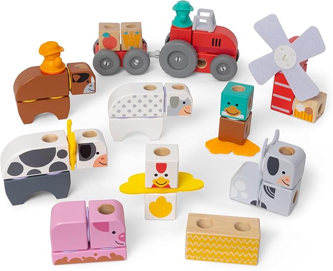 Melissa & Doug Blockables™ Farm and Farm Friends 2-Pack Bundle Connectable Wooden Building Blocks Preschool Play Set Toy