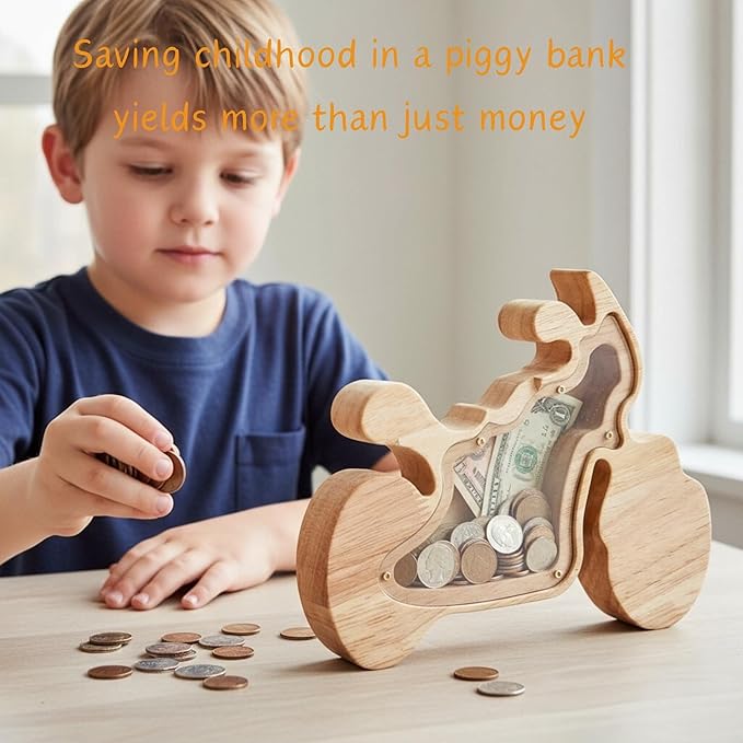 Motorcycle Shaped Wooden Piggy Bank Transparent Acrylic Panel Money Savings Box Creative Coin Bank for Kids Boys Adults, Birthday Home Décor