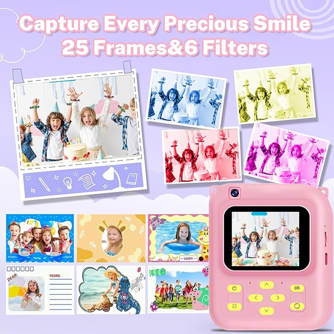 Instant Print Camera for Kids, 1080P Video Camera with 3 Print Rolls, 32GB Card & Cute Cover, Gift for Girls Boys Age 3-12, Toddler Digital Camera with Games, Filters, Music – Pink