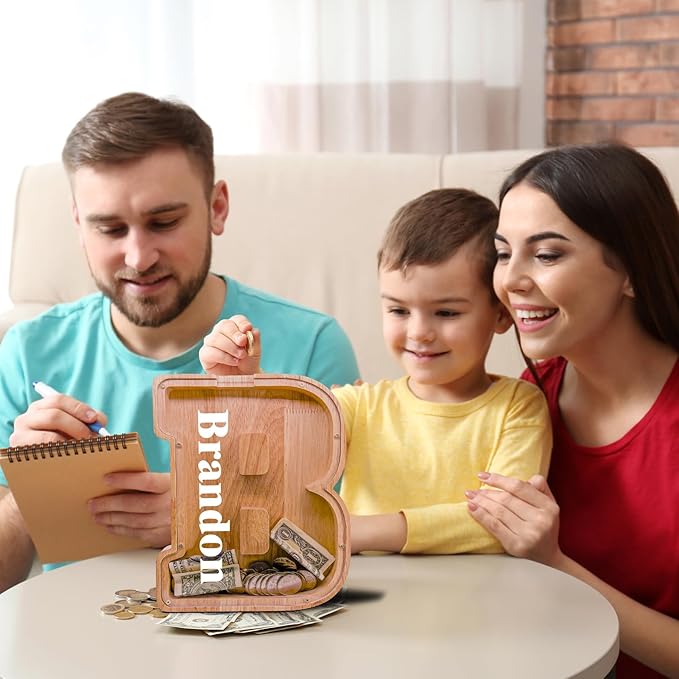 Wooden Letter Piggy Bank for Kids Larger Letter Piggy Bank for Boys and Girls Personalized Piggy Bank Initial Coin Bank Wood Kids Money Bank for Birthday and Festival