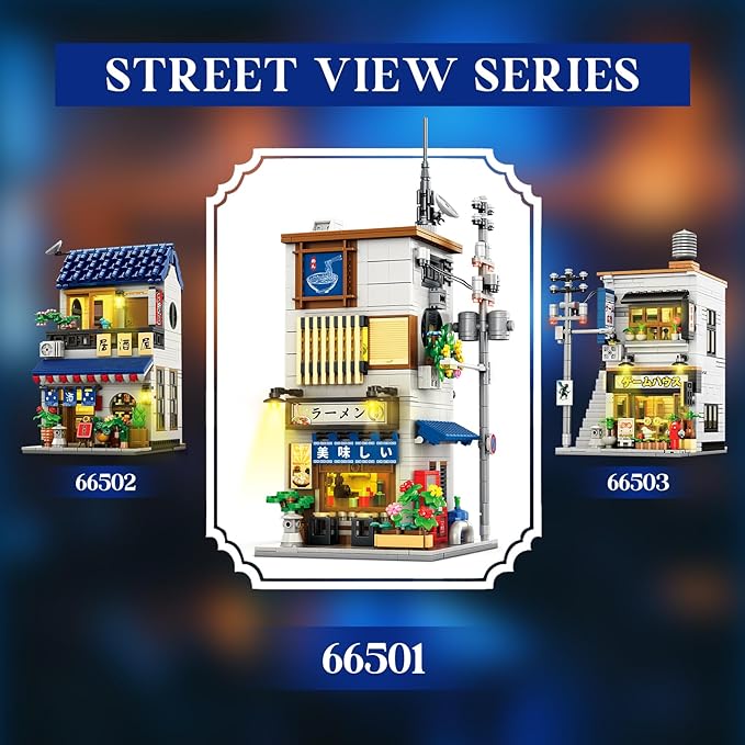 Reobrix Japanese Ramen Shop Building Blocks 66501, 2 in 1 Creative Street View House Building Kit with Light, Japanese Architecture Home Office Decor, Ideal Gifts for Boys Girls Adults 14+