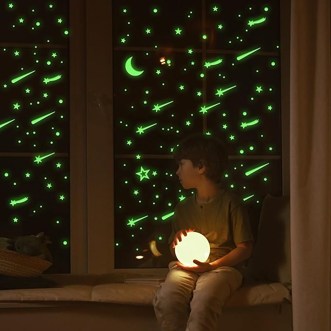 Glow in The Dark Stickers for Ceiling,447PCS Lasting and Bright Glow Stars,3D Glowing Star,Luminous Moon and Stars Decor,Decals for Kids Room.Party Birthday Gift.Green