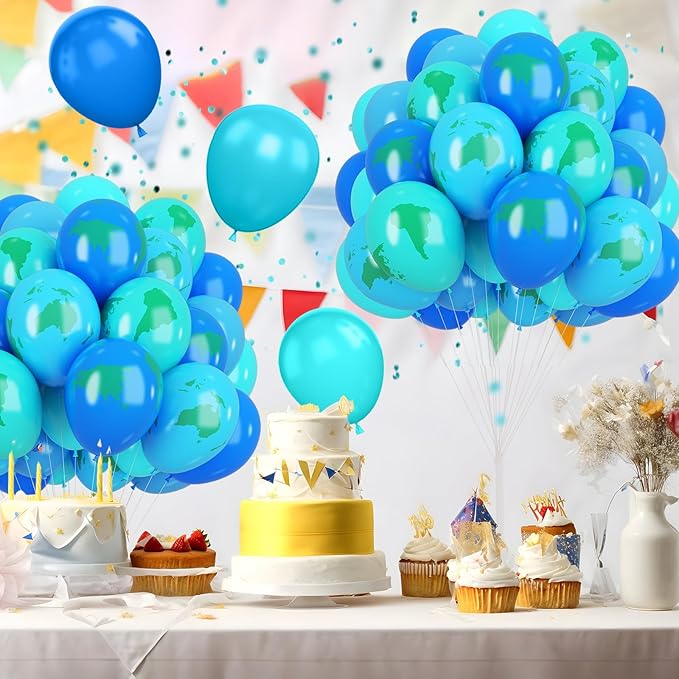 Earth Balloons Set, 12inch Blue and Green Balloons, Global Balloon Blue Green Teal World Map Printed Latex Balloon for Travel Theme Space Theme Party Earth Day Decoration Teaching Supplies