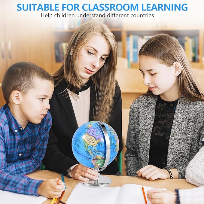 6 Inch World Globe Rotating Earth Spinning Globe with Heavy Metal Stand for Kids Geography Classroom Education or Office Home Decorations