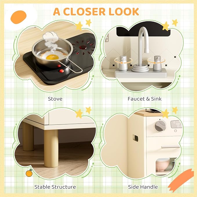MAMIZO Wooden Kids Play Kitchen Set with Real Lights & Sounds, Interactive Pretend Kitchen with Knob Sounds, Sink, Water Dispenser, 6 Pcs Cookware & Chalkboard Panel for Toddlers and Children (Cream)