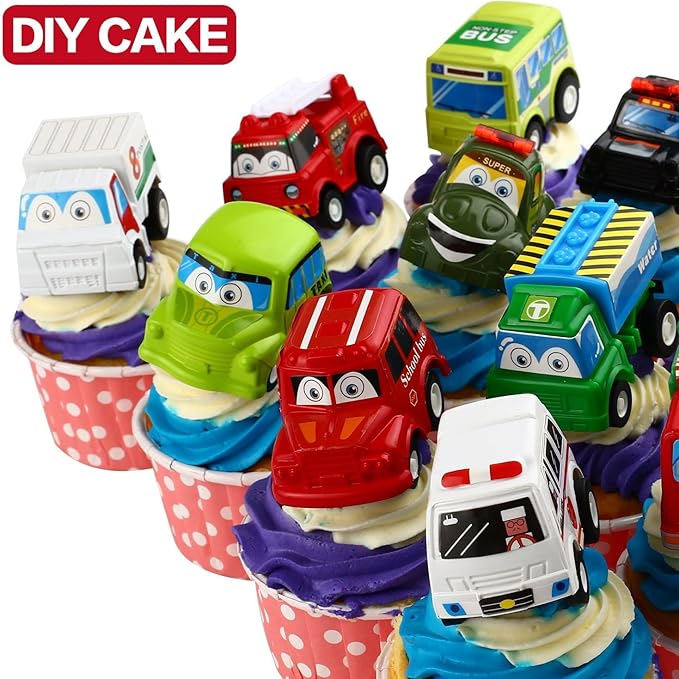 Funcorn Toys Pull Back Car, 12 Pack Assorted Mini Plastic Vehicle Set, Pull Back Truck and Car Toys for Boys Kids Toddler Party Favors,Die Cast Car Toy Play Set