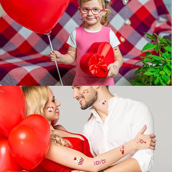 Landhoow 240 Pcs Valentine Tattoos Temporary for Kids Glitter Face Tattoos Cool Body Sticker Costume Accessory for Adults Boys Girls Party Favor