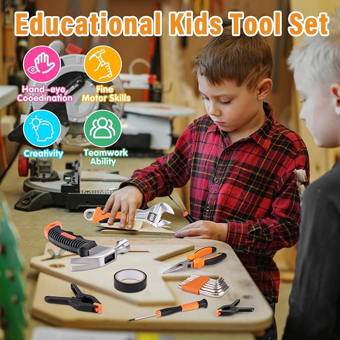 27-Piece Orange Kids Tool Set with Tool Storage Bag, Real Hand Tool Kit for Boys & Girls, Children Learning Tools for DIY Building, Woodworking and Construction, 6+ Years Old Birthday