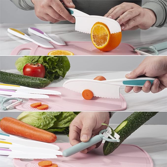 3 Pieces Kids Knife Set for Cooking, with Cutting Board and Safe Lettuce and Salad Knives, Kids Cooking Utensils in 3 Sizes & Colors for Fruit, Bread, Cake, Salad