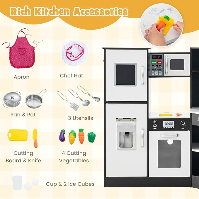 HONEY JOY Corner Kids Kitchen Playset, Modular Wooden Play Kitchen for Toddlers, Range Hood, Separated Washing Basin, Little Chef Pretend Toy Kitchen Set w/Lights and Sounds(Coffee)