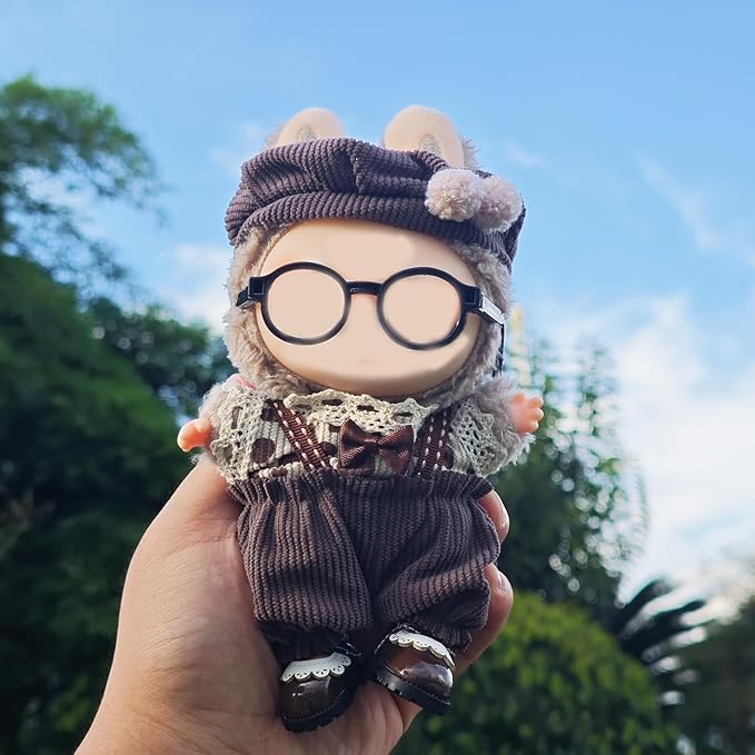 17cm Doll Clothes Set, Cute Boy Outfits and Glasses, 6 PCS Cute Hat & Overalls Set Stylish Outfits Exquisite Accessories