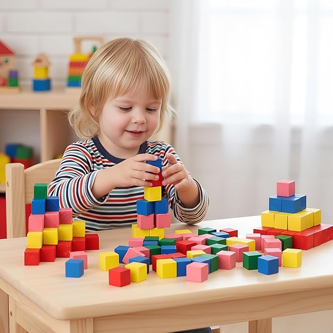 Deekin 100 Pcs Wood Geometric Solid Mini 3D Shapes for Teaching Classroom Manipulatives for Elementary School, Geometric Shapes 3D Block for Kid Geometry Math Kindergarten Preschool Learning (Cube)