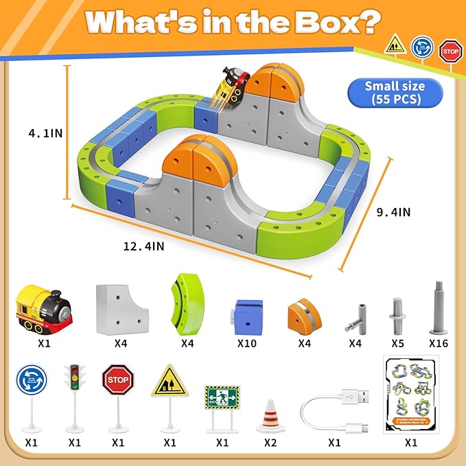 Magnetic Track Car Toys, 55PCS Flexible Race Car Track Sets for Toddlers with Electric Train, Traffic Signs, Kids Train Set Toys for 3 4 5 6 7 8 Year Old Boys Girls Birthday Party Gifts-Small