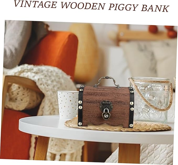 Toyvian Box Treasure Chest Money Safe for Cash Saving for Adults Wooden Treasure Vintage Wooden Trunk Piggy Bank Organizer with Lock Jewlery Kids Toys Craft Boy Miss Metal Wedding Necklace