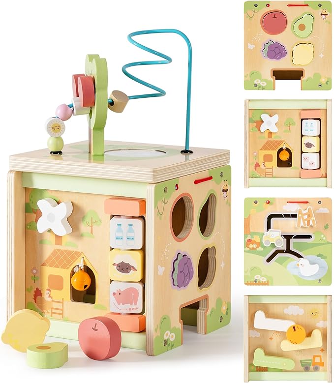 ROBUD Wooden Activity Cube, Baby Activity Cube for 1 Year Old, Montessori Activity Cube with 9 Gams in 1 Toy, Educational Toys of Bear Orchard Busy Cube, JM52