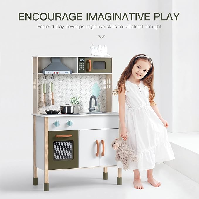 ROBOTIME Wooden Play Kitchen for Kids, Toys Kitchen with Light & Sound & Range Hood, Kids Kitchen Playset with Plenty of Play Features, Pretend Play Kitchen Set for Girls Boys Ages 3+