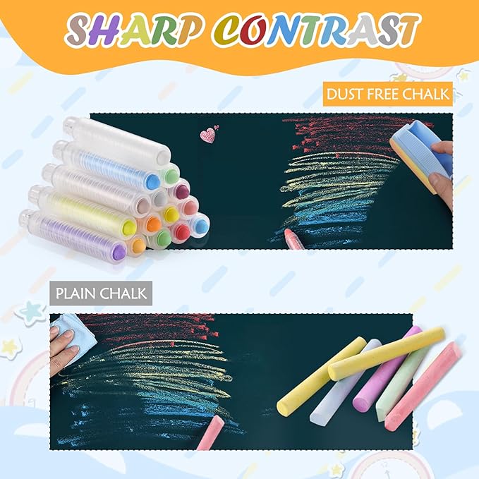MOMJOY Dustless Kids Chalk Set,Washable Chalks for Toddlers, Non-Toxic Colored Chalk Sticks, Blackboard & Sidewalk Fun for Indoor Outdoor Toys&School Use（15PCS）