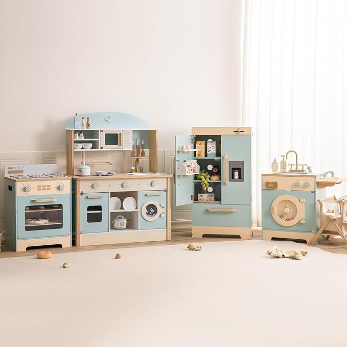 ROBOTIME Wooden Play Kitchen, Toddler Kitchen Playset with Oven, Fridge & Washing Machine, Kids Kitchen Playset Gift for 3+ Year Old Boys & Girls