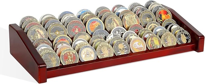 Challenge Coin Holder Display Case - 2 Tiers Solid Wood Military Coin Rack for 60-70 Coins, Army Coin Stand for Desk Display, Mahogany