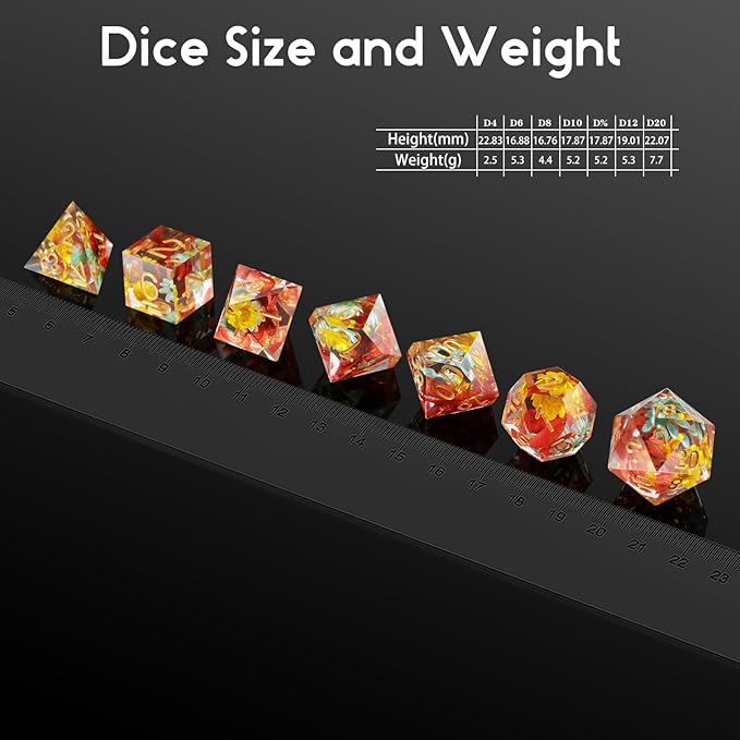 Resin DND Dice,DNDND Handmade Flowers Sharp Edge Die with Gift Case for D&D Dungeons and Dragon Games (Red and Yellow Flowers)