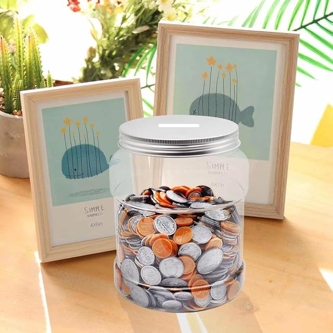 Large Clear Coin Bank Jar with Slotted Lid, Big Plastic Money Tip Change Savings Coin Jar for Piggy Bank or Raffle Ticket, Clear Money Coin Tip Piggy Change Bank Box for Adults Teens Kids