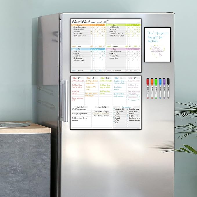 JJPRO Magnetic Dry Erase Chore Chart and Weekly Calendar Set for Fridge-Chore Chart for Multiple Kids,Weekly Planner Board,Family Chore Chart for Multiple Kids&Adults,Bonus to-do Whiteboard