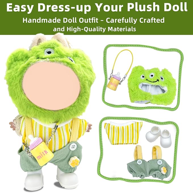 5 Piece Set -Premium Fashion Cute Clothes for 17cm Dolls,Stylish Accessaries Clothes Dress-Up,Includes—Plush Hat + Striped Top + Overalls + Bottle Charm + Shoes (Style K)