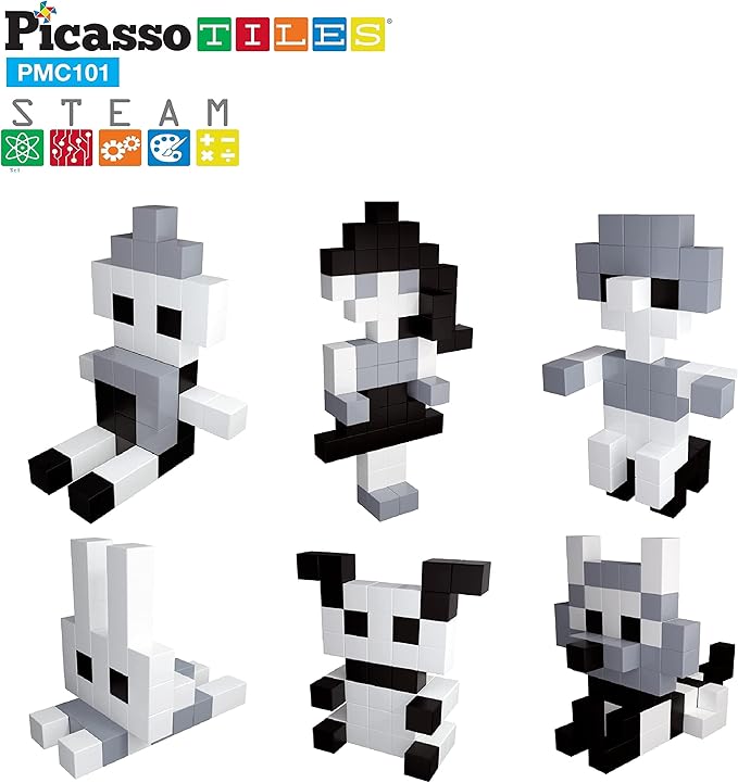 PicassoTiles 101pc Magnetic Puzzle Cube Set Black and White 1 Inch Construction Blocks STEM Educational Toy for Kids Age 3 Plus Sensory Learning Kit with Idea Book for Building and Creativity PMC101