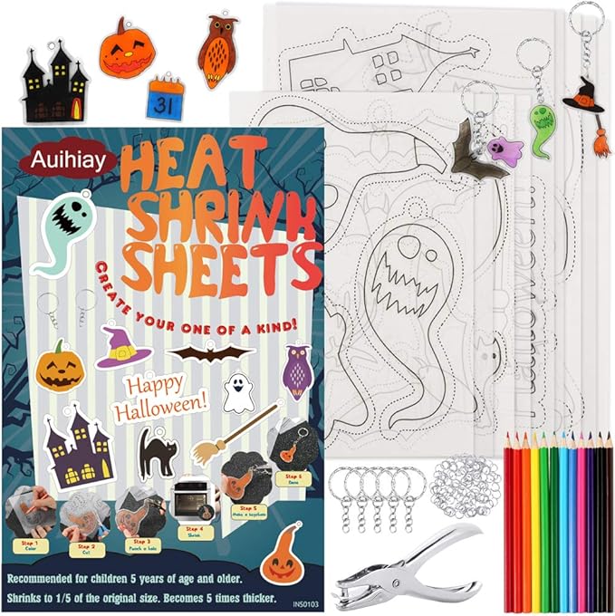 Auihiay 145 Pieces Halloween Heat Shrink Plastic Sheet Kit Include 8 Shrink Paper with Halloween Patterns, 4 Blank Shrink Film Papers, Hole Punch, Keychains, Pencils for Kids DIY Creative Craft