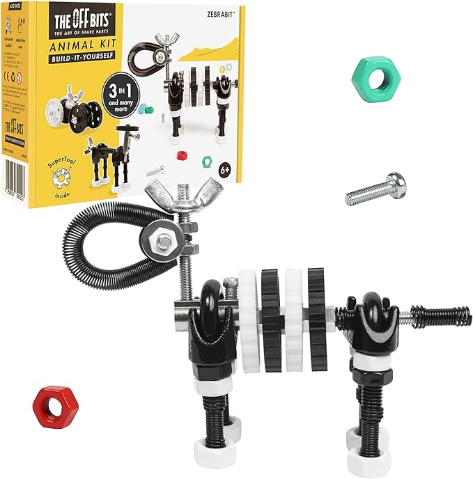 The Off Bits Erector Set: Animal Mini STEM Toys for Kids 6+, Toy Building Sets with Nuts & Bolts, STEM Building Toys Gifts for Boys and Girls (Black Zebra)