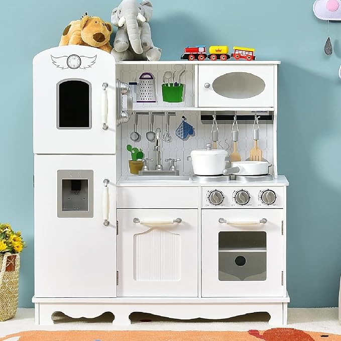 Costzon Kids Kitchen Playset, Wooden Toddlers Toy Kitchen with Light & Sound, Microwave, Ice Maker, Oven, Sink & Faucet, Cooking Accessories, Pretend Play Kitchen, Gift for Boys Girls Age 3+