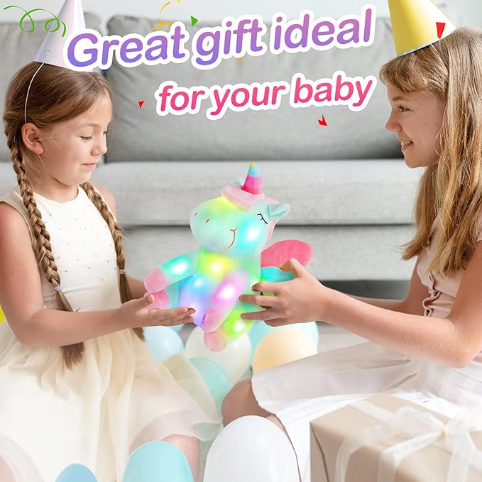 Athoinsu Light up Green Unicorn Stuffed Animal Soft Plush Toy with LED Colorful Night Lights Glowing Children's Day Birthday Valentine's Day for Toddler Kids Girls Women, 12''