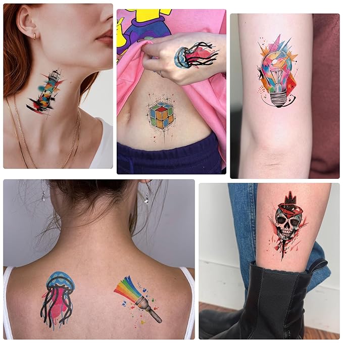 47 PCS Pop Art Hippie Temporary Tattoos Adult Kids 17 PCS Large Half Arm Fake Tattoos, 30 PCS Waterproof Tiny Stickers Gifts Party Favor Supplies