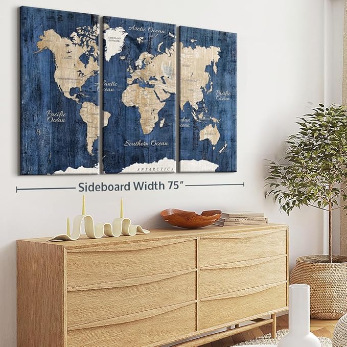 ElephantStock Aged Blue World Map II Canvas - 3 Panel Wall Decor - World Map Digital Art - Blue Wall Art - 74" X 48"