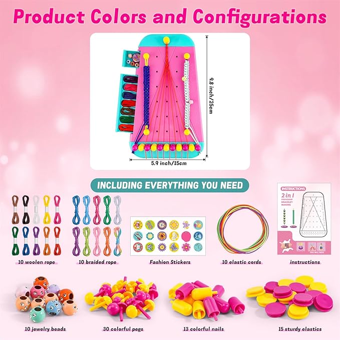 MEUNEAR Friendship Bracelet Kit Bracelet Making Kit DIY Craft Kits for Girls Kids Christmas Birthday Gifts Friendship Bracelet String with Weaving Board 10 Colors Thread Beads and Stickers