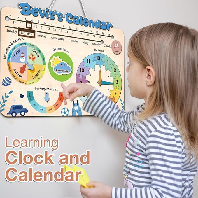 Interactive Calendar for Kids Ages 3+, Wooden Toddler Calendar, Teaching Seasons, Years, Months, Days of Week, Daily Activity Calendars for Kid Preschool & Homeschool (04 - boy Name)