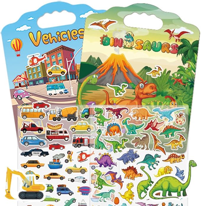 2 Set Reusable Sticker Books for Toddlers 2-4 Years, Puffy Reusable Sticker Activity Book for Kids Toddlers 1-3 Girls Boys Birthday Gifts Include Vehicles&Dinosaur