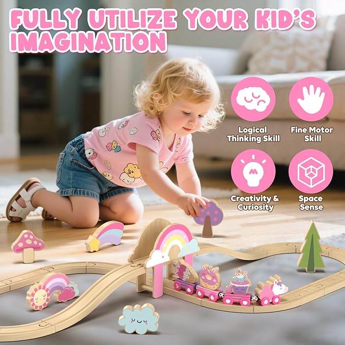 Lehoo Castle Wooden Train Set, Train Set for Toddlers 2-4, Wooden Train Track for Girls, Unicorn Toys for Girls Age 4-6, Toys for 3 4 5 6 Year Old Girl