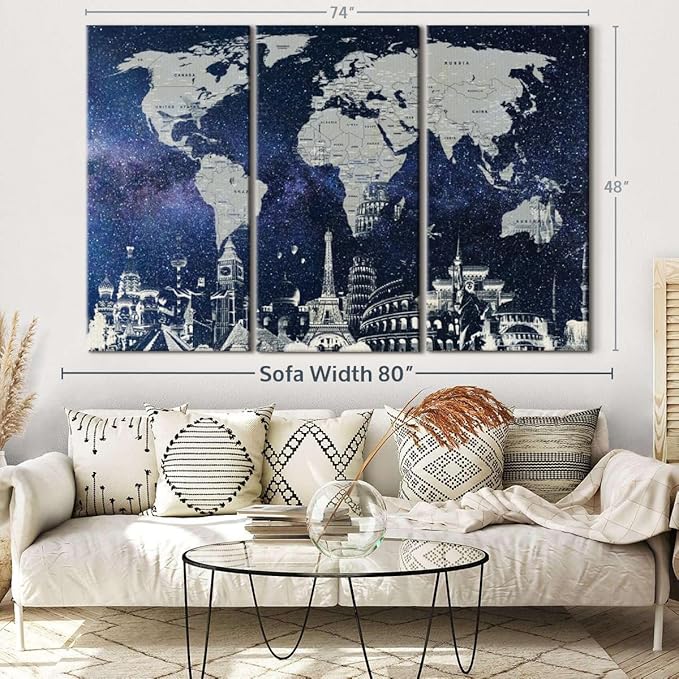 ElephantStock Starry World Map Multi Piece Canvas - 3 Panel Wall Decor - Map of the World Art - Canvas for the Office and Home - 74" X 48"